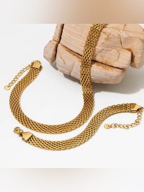 18K Gold Played Multi-Strand Mesh Necklace Bracelet Set
